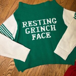 Judith March Green and White Resting Grinch Face Christmas sweater size M